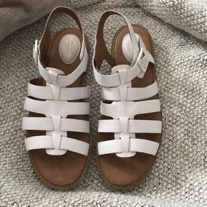 White leather artisan Clark’s sandals